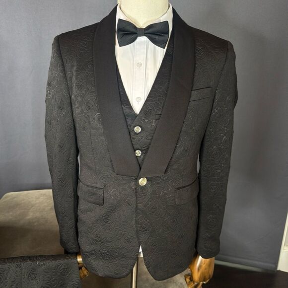 Men’s Black Floral Suit Tuxedo 3 Piece Shawl Lapel Size 34 Jacket 31 Pants NWT - Picture 2 of 15